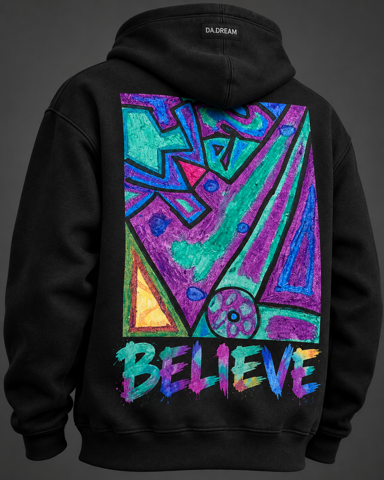 Black DA.DREAM hoodie with colorful BELIEVE back graphic