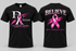 Front and back mockup of the black DA.DREAM BELIEVE pink ribbon tee.