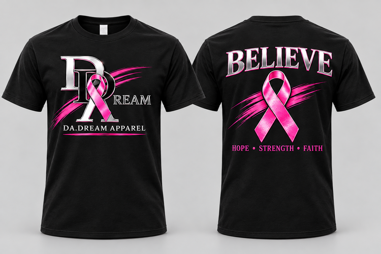Front and back mockup of the black DA.DREAM BELIEVE pink ribbon tee.