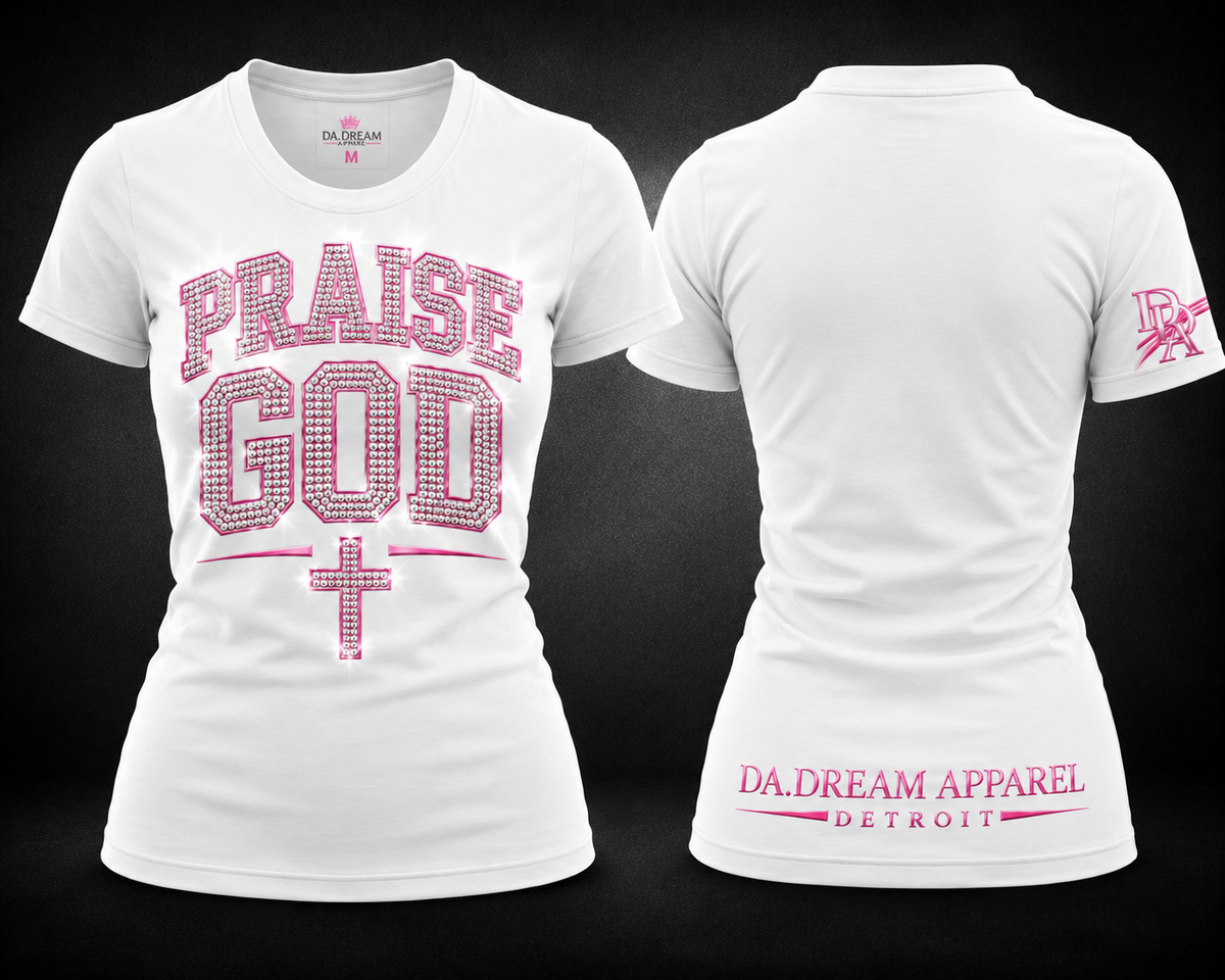 Front and back mockup of the white DA.DREAM PRAISE GOD tee with pink-and-silver artwork.